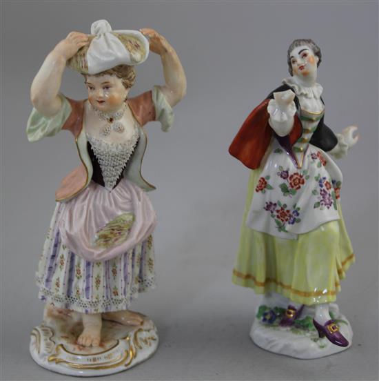 Two Meissen figures, late 19th / early 20th century, 12.5cm, dancing figure loss to right hand